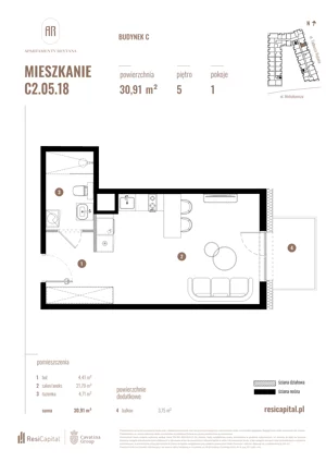 1 pokój, mieszkanie 30,91 m², piętro 5, oferta nr C2.05.18, Apartamenty Reytana, Bielsko-Biała, ul. Rejtana 3