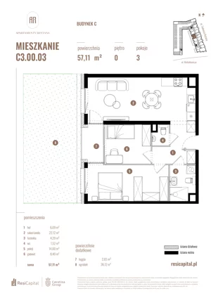 3 pokoje, mieszkanie 57,11 m², parter, oferta nr C3.00.03, Apartamenty Reytana, Bielsko-Biała, ul. Rejtana 3