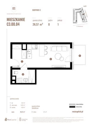 1 pokój, mieszkanie 26,22 m², piętro 1, oferta nr C2.01.03, Apartamenty Reytana, Bielsko-Biała, ul. Rejtana 3