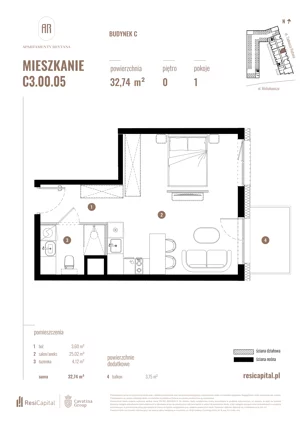 1 pokój, mieszkanie 32,74 m², parter, oferta nr C3.00.05, Apartamenty Reytana, Bielsko-Biała, ul. Rejtana 3
