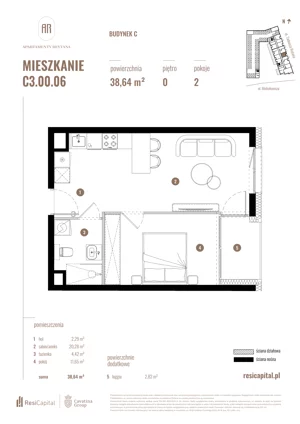 2 pokoje, mieszkanie 36,59 m², piętro 1, oferta nr C2.01.08, Apartamenty Reytana, Bielsko-Biała, ul. Rejtana 3