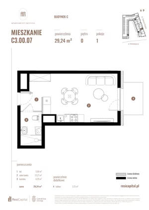 1 pokój, mieszkanie 29,24 m², parter, oferta nr C3.00.07, Apartamenty Reytana, Bielsko-Biała, ul. Rejtana 3