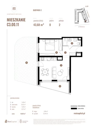 2 pokoje, mieszkanie 43,68 m², parter, oferta nr C3.00.11, Apartamenty Reytana, Bielsko-Biała, ul. Rejtana 3