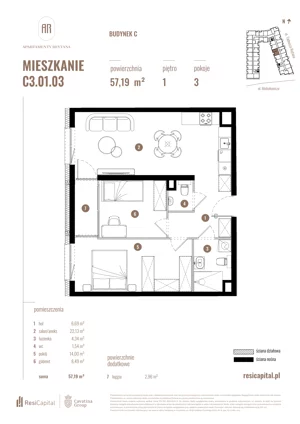 1 pokój, mieszkanie 57,19 m², piętro 1, oferta nr C3.01.03, Apartamenty Reytana, Bielsko-Biała, ul. Rejtana 3