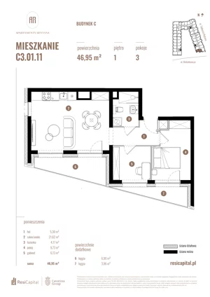 3 pokoje, mieszkanie 46,95 m², piętro 1, oferta nr C3.01.11, Apartamenty Reytana, Bielsko-Biała, ul. Rejtana 3