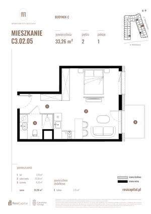 1 pokój, mieszkanie 33,26 m², piętro 2, oferta nr C3.02.05, Apartamenty Reytana, Bielsko-Biała, ul. Rejtana 3