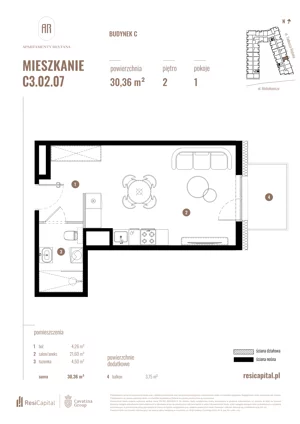 1 pokój, mieszkanie 30,36 m², piętro 2, oferta nr C3.02.07, Apartamenty Reytana, Bielsko-Biała, ul. Rejtana 3