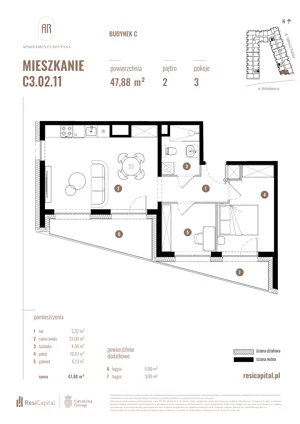 3 pokoje, mieszkanie 47,88 m², piętro 2, oferta nr C3.02.11, Apartamenty Reytana, Bielsko-Biała, ul. Rejtana 3