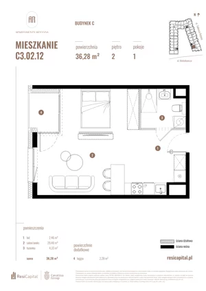 1 pokój, mieszkanie 36,28 m², piętro 2, oferta nr C3.02.12, Apartamenty Reytana, Bielsko-Biała, ul. Rejtana 3