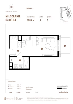 1 pokój, mieszkanie 27,64 m², piętro 3, oferta nr C3.03.04, Apartamenty Reytana, Bielsko-Biała, ul. Rejtana 3