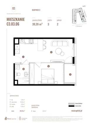2 pokoje, mieszkanie 39,39 m², piętro 3, oferta nr C3.03.06, Apartamenty Reytana, Bielsko-Biała, ul. Rejtana 3