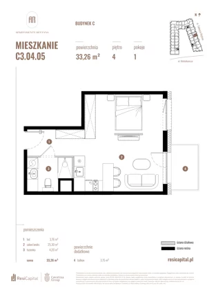 1 pokój, mieszkanie 33,26 m², piętro 4, oferta nr C3.04.05, Apartamenty Reytana, Bielsko-Biała, ul. Rejtana 3