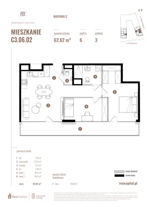 3 pokoje, mieszkanie 62,62 m², piętro 6, oferta nr C3.06.02, Apartamenty Reytana, Bielsko-Biała, ul. Rejtana 3