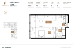 2 pokoje, apartament 51,09 m², piętro 20, oferta nr B.21.26, Global Apartments, Katowice, Śródmieście, ul. Zabrska 15