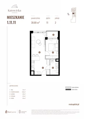 2 pokoje, apartament 39,89 m², piętro 11, oferta nr 1.11.11., Katowicka Residence, Katowice, Bogucice, ul. Katowicka
