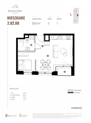 1 pokój, apartament 36,77 m², piętro 2, oferta nr 2.02.08., Katowicka Residence, Katowice, Bogucice, ul. Katowicka