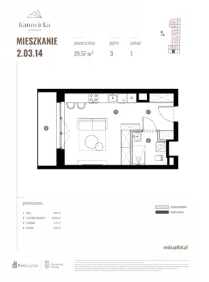1 pokój, apartament 29,57 m², piętro 3, oferta nr 2.03.14., Katowicka Residence, Katowice, Bogucice, ul. Katowicka