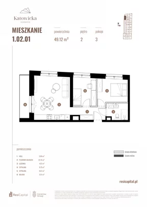 3 pokoje, apartament 49,12 m², piętro 2, oferta nr 1.02.01., Katowicka Residence, Katowice, Bogucice, ul. Katowicka