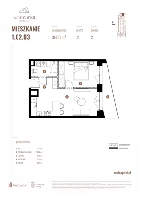 2 pokoje, apartament 39,00 m², piętro 2, oferta nr 1.02.03., Katowicka Residence, Katowice, Bogucice, ul. Katowicka