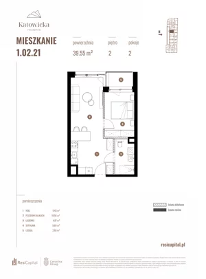 2 pokoje, apartament 39,55 m², piętro 2, oferta nr 1.02.21., Katowicka Residence, Katowice, Bogucice, ul. Katowicka