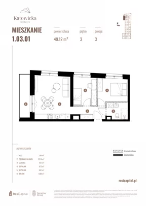 3 pokoje, apartament 49,12 m², piętro 3, oferta nr 1.03.01., Katowicka Residence, Katowice, Bogucice, ul. Katowicka
