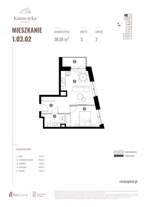 2 pokoje, apartament 38,28 m², piętro 3, oferta nr 1.03.02., Katowicka Residence, Katowice, Bogucice, ul. Katowicka