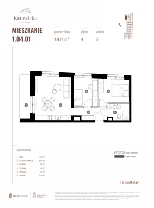 3 pokoje, apartament 49,12 m², piętro 4, oferta nr 1.04.01., Katowicka Residence, Katowice, Bogucice, ul. Katowicka