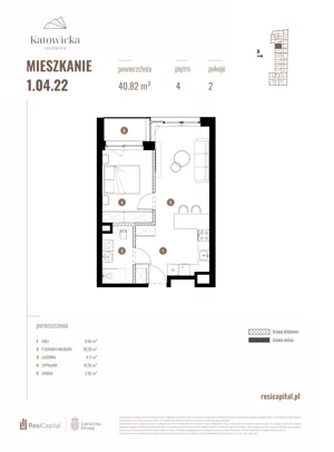 2 pokoje, apartament 40,82 m², piętro 4, oferta nr 1.04.22., Katowicka Residence, Katowice, Bogucice, ul. Katowicka