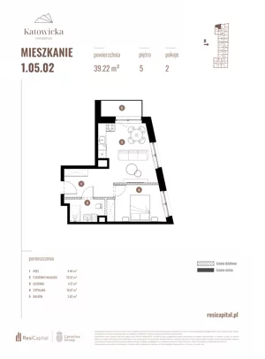 2 pokoje, apartament 39,22 m², piętro 5, oferta nr 1.05.02., Katowicka Residence, Katowice, Bogucice, ul. Katowicka