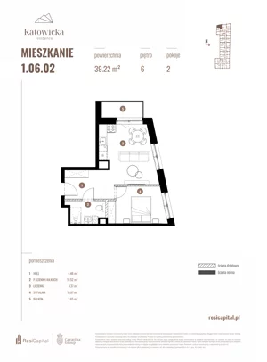 2 pokoje, apartament 39,22 m², piętro 6, oferta nr 1.06.02., Katowicka Residence, Katowice, Bogucice, ul. Katowicka