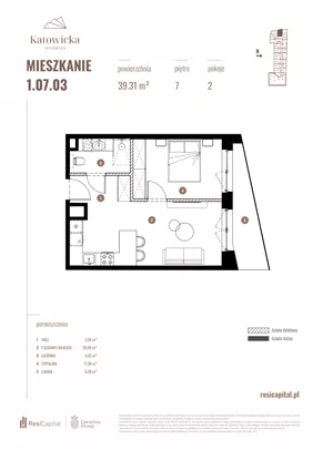 2 pokoje, apartament 39,31 m², piętro 7, oferta nr 1.07.03., Katowicka Residence, Katowice, Bogucice, ul. Katowicka