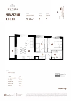 3 pokoje, apartament 50,86 m², piętro 8, oferta nr 1.08.01., Katowicka Residence, Katowice, Bogucice, ul. Katowicka