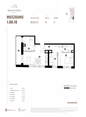 3 pokoje, apartament 56,65 m², piętro 8, oferta nr 1.08.10., Katowicka Residence, Katowice, Bogucice, ul. Katowicka