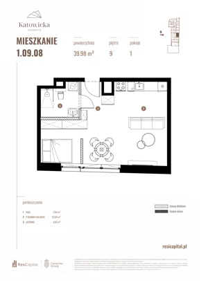 1 pokój, apartament 39,98 m², piętro 9, oferta nr 1.09.08., Katowicka Residence, Katowice, Bogucice, ul. Katowicka