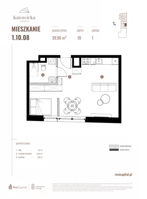 1 pokój, apartament 39,96 m², piętro 10, oferta nr 1.10.08., Katowicka Residence, Katowice, Bogucice, ul. Katowicka