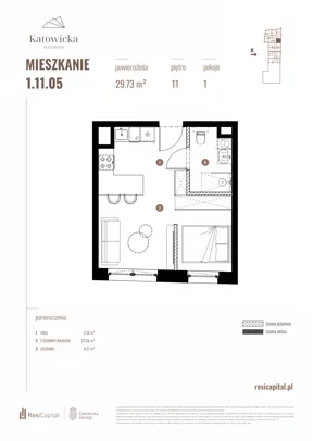 1 pokój, apartament 29,73 m², piętro 11, oferta nr 1.11.05., Katowicka Residence, Katowice, Bogucice, ul. Katowicka