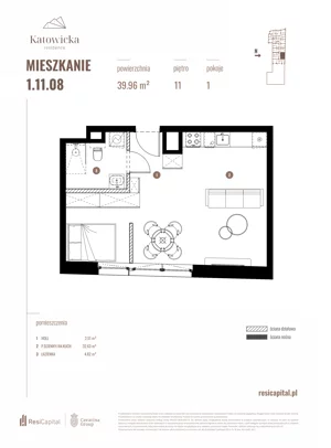 1 pokój, apartament 39,96 m², piętro 11, oferta nr 1.11.08., Katowicka Residence, Katowice, Bogucice, ul. Katowicka