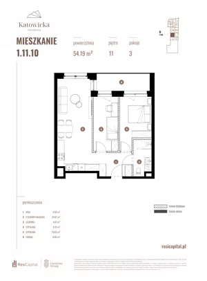 3 pokoje, apartament 54,19 m², piętro 11, oferta nr 1.11.10., Katowicka Residence, Katowice, Bogucice, ul. Katowicka