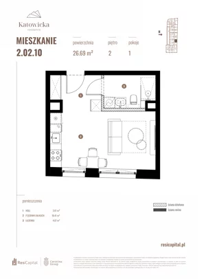 1 pokój, apartament 26,69 m², piętro 2, oferta nr 2.02.10., Katowicka Residence, Katowice, Bogucice, ul. Katowicka