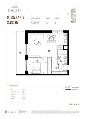 2 pokoje, apartament 47,24 m², piętro 2, oferta nr 2.02.15., Katowicka Residence, Katowice, Bogucice, ul. Katowicka