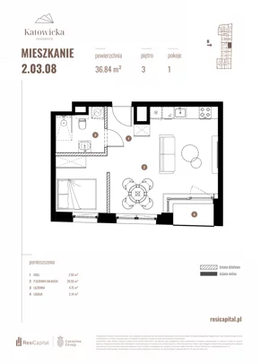 1 pokój, apartament 36,84 m², piętro 3, oferta nr 2.03.08., Katowicka Residence, Katowice, Bogucice, ul. Katowicka