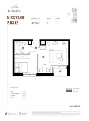 1 pokój, apartament 33,24 m², piętro 3, oferta nr 2.03.12., Katowicka Residence, Katowice, Bogucice, ul. Katowicka