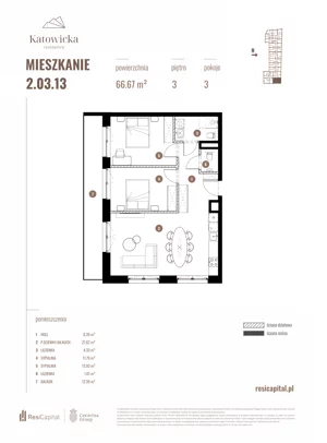 3 pokoje, apartament 66,67 m², piętro 3, oferta nr 2.03.13., Katowicka Residence, Katowice, Bogucice, ul. Katowicka