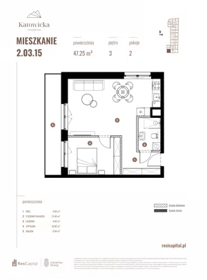 2 pokoje, apartament 47,25 m², piętro 3, oferta nr 2.03.15., Katowicka Residence, Katowice, Bogucice, ul. Katowicka