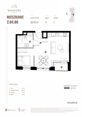 1 pokój, apartament 36,93 m², piętro 4, oferta nr 2.04.08., Katowicka Residence, Katowice, Bogucice, ul. Katowicka