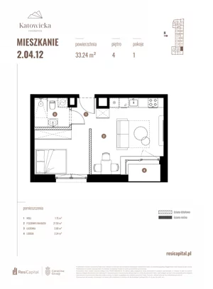 1 pokój, apartament 33,24 m², piętro 4, oferta nr 2.04.12., Katowicka Residence, Katowice, Bogucice, ul. Katowicka