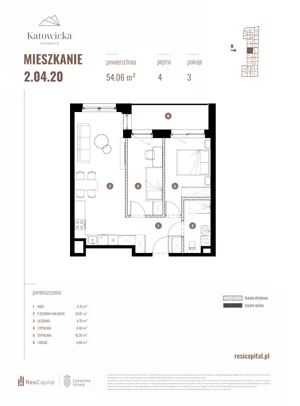 3 pokoje, apartament 54,06 m², piętro 4, oferta nr 2.04.20., Katowicka Residence, Katowice, Bogucice, ul. Katowicka