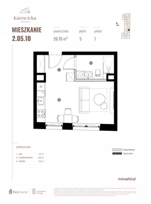 1 pokój, apartament 26,70 m², piętro 5, oferta nr 2.05.10., Katowicka Residence, Katowice, Bogucice, ul. Katowicka