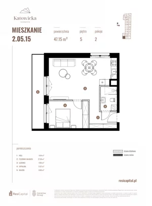 2 pokoje, apartament 47,15 m², piętro 5, oferta nr 2.05.15., Katowicka Residence, Katowice, Bogucice, ul. Katowicka