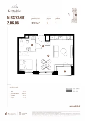 1 pokój, apartament 37,03 m², piętro 6, oferta nr 2.06.08., Katowicka Residence, Katowice, Bogucice, ul. Katowicka
